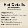 112 Richardson Hat, midpro shape, cotton twill/ poly mesh, precurved visor, cotton sweatband, adjustable snapback, one size fits most