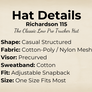 115 Richardson Hat - casual structured shape, cotton-poly.nylon mesh, precurved visor, cotton sweatband, adjustable snapback, one size fits most