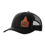 A black trucker style hat with a black mesh back, and a leather cattle tag shaped patch engraved with "wr" on a white background