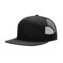 Black 7 panel trucker hat with mesh back on a white background