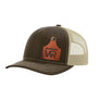 A brown trucker style hat with a beige mesh back, and a leather cattle tag shaped patch engraved with "wr" on a white background