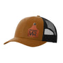 A warm brown trucker style hat with a black mesh back, and a leather cattle tag shaped patch engraved with "wr" on a white background