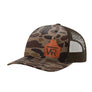 A brown camouflage trucker style hat with a brown mesh back, and a leather cattle tag shaped patch engraved with "wr" on a white background