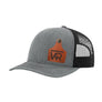 A heathered gray trucker style hat with a black mesh back, and a leather cattle tag shaped patch engraved with "wr" on a white background