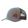 A grey trucker style hat with a black mesh back, and a leather cattle tag shaped patch engraved with "wr" on a white background