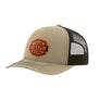A tan trucker-style cap with a brown mesh back and a brown 'your design here' leather patch on the front panel, shown on a plain white background.