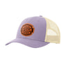 A light purple trucker-style cap with a tan mesh back and a brown 'your design here' leather patch on the front panel, shown on a plain white background.