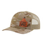 A tan camouflage trucker style hat with a beige mesh back, and a leather cattle tag shaped patch engraved with "wr" on a white background