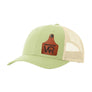 A bright green trucker style hat with a beige mesh back, and a leather cattle tag shaped patch engraved with "wr" on a white background