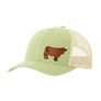 A bright green trucker-style cap with a tan mesh back and a brown cow leather patch on the front panel, shown on a plain white background.