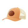 A peach/orange trucker-style cap with a tan mesh back and a brown 'your design here' leather patch on the front panel, shown on a plain white background.