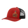 A red trucker style hat with a black mesh back, and a leather cattle tag shaped patch engraved with "wr" on a white background