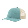 teal distressed baseball hat with beige mesh back on a white backdrop