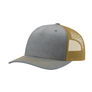 Gray trucker hat with gold yellow mesh back on a white background