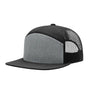 gray & black 7 panel trucker hat with black mesh back on a white background