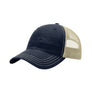 Navy blue cap with beige mesh back on a white background