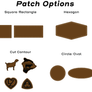 Various brown patch shapes including square, rectangle, hexagon, cut contour, circle, and oval on a white background.