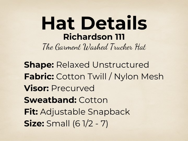 'Richardson 111 hat' - unstructured shape, cotton twill/nylon mesh, precurved, cotton sweatband, adjustable snapback, small size 6 1/2-7