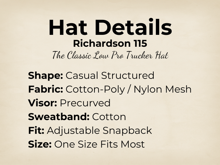 115 Richardson Hat - casual structured shape, cotton-poly.nylon mesh, precurved visor, cotton sweatband, adjustable snapback, one size fits most