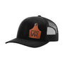 A black trucker style hat with a black mesh back, and a leather cattle tag shaped patch engraved with "wr" on a white background