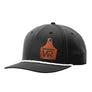 A black retro trucker style hat with a white rope brim, and a leather cattle tag shaped patch engraved with "wr" on a white background