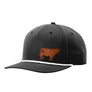 A black baseball cap with a white braided rope detail along the edge of the brim and a brown cow leather patch on the front, shown against a plain white background.