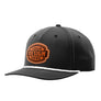 A black snapback cap with a curved brim, featuring a white braided rope detail across the front edge and an brown custom patch on the front panel that reads 'YOUR DESIGN HERE'.