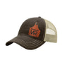 A brown trucker style hat with a beige mesh back, and a leather cattle tag shaped patch engraved with "wr" on a white background