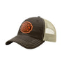 A brown trucker-style cap with a tan mesh back and a brown 'your design here' leather patch on the front panel, shown on a plain white background.