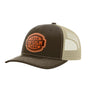 A brown trucker-style cap with a tan mesh back and a brown 'your design here' leather patch on the front panel, shown on a plain white background.