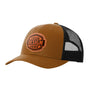A warm brown trucker-style cap with a black mesh back and a brown 'your design here' leather patch on the front panel, shown on a plain white background.