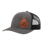A gray trucker style hat with a black mesh back, and a leather cattle tag shaped patch engraved with "wr" on a white background