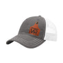 A gray trucker style hat with a white mesh back, and a leather cattle tag shaped patch engraved with "wr" on a white background