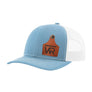 A light blue trucker style hat with a white mesh back, and a leather cattle tag shaped patch engraved with "wr" on a white background