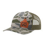 A green and gray camouflage trucker style hat with a green mesh back, and a leather cattle tag shaped patch engraved with "wr" on a white background