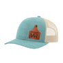 A teal blue trucker style hat with a beige mesh back, and a leather cattle tag shaped patch engraved with "wr" on a white background