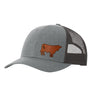 A heathered grey  trucker-style cap with a black mesh back and a brown cow leather patch on the front panel, shown on a plain white background.