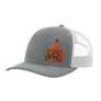 A heathered gray trucker style hat with a light gray mesh back, and a leather cattle tag shaped patch engraved with "wr" on a white background