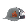 A heathered gray trucker style hat with an american flag printed mesh back, and a leather cattle tag shaped patch engraved with "wr" on a white background