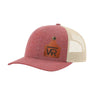 A heathered red trucker style hat with a beige mesh back, and a leather cattle tag shaped patch engraved with "wr" on a white background