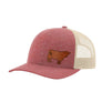 A heathered pink trucker-style cap with a tan mesh back and a brown cow leather patch on the front panel, shown on a plain white background.