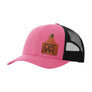 A hot pink trucker style hat with a black mesh back, and a leather cattle tag shaped patch engraved with "wr" on a white background