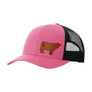 A hot pink trucker-style cap with a black mesh back and a brown cow leather patch on the front panel, shown on a plain white background.
