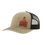 A tan trucker style hat with a brown mesh back, and a leather cattle tag shaped patch engraved with "wr" on a white background