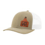 A tan trucker style hat with a white mesh back, and a leather cattle tag shaped patch engraved with "wr" on a white background
