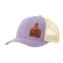 A light purple trucker style hat with a beige mesh back, and a leather cattle tag shaped patch engraved with "wr" on a white background