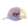 A light purple trucker-style cap with a tan mesh back and a brown cow leather patch on the front panel, shown on a plain white background.