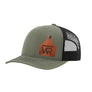 An olive green trucker style hat with a black mesh back, and a leather cattle tag shaped patch engraved with "wr" on a white background
