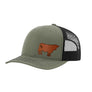 An olive green trucker hat with a black mesh back, a brown cow leather patch on the front panel, shown against a plain white background.