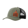 An olive green trucker style hat with a black mesh back, and a leather cattle tag shaped patch engraved with "wr" on a white background